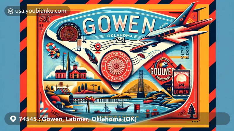 Creative illustration of Gowen, Oklahoma, showcasing postal theme with ZIP code 74545, featuring Choctaw Nation symbol, Sans Bois and Winding Stair Mountains, and Fourche Maline creek.