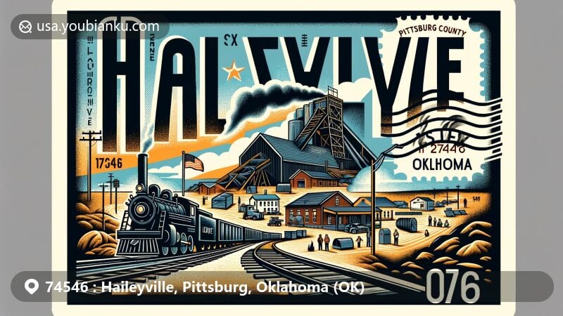 Modern depiction of ZIP code 74546 in Haileyville, Oklahoma, illustrating coal mining history and railroad significance with Oklahoma state flag and Pittsburg County outline.