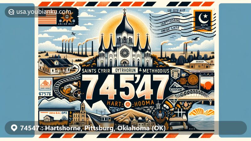 Illustration of Hartshorne, Oklahoma, showcasing air mail envelope with ZIP code 74547, featuring Saints Cyril and Methodius Russian Orthodox Greek Catholic Church, Hartshorne Lake, and nods to coal mining heritage and Choctaw Coal and Railway.