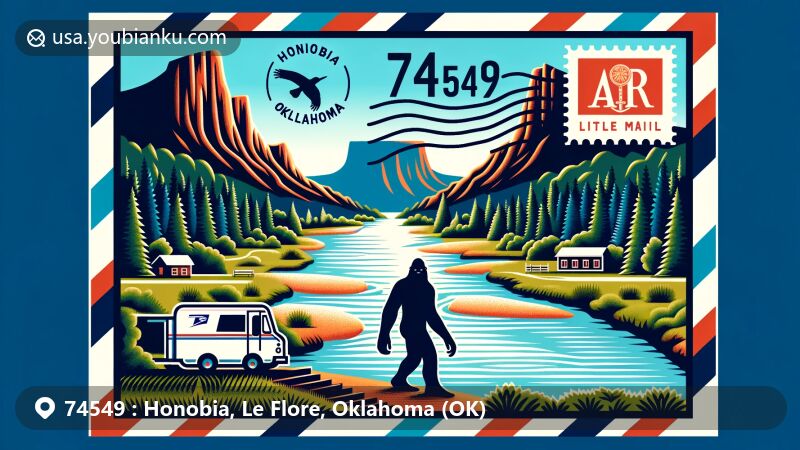 Modern illustration of Honobia, Le Flore County, Oklahoma, highlighting the natural beauty with the Little River and steep mountains, integrated with Bigfoot silhouette for local culture. Air mail envelope showcases postal theme with Oklahoma state flag, ZIP code 74549, and postmark.