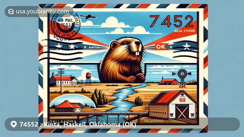Modern illustration of Kinta, Oklahoma, with postal and regional elements in an air mail envelope, featuring Choctaw term for beaver, Beaver Creek, Oklahoma state flag, vintage stamp with ZIP Code '74552', postmark 'Kinta, OK', and depiction of cotton gin.
