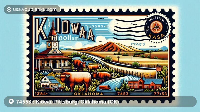 Modern illustration of Kiowa, Oklahoma area, showcasing ranching and farming heritage, with Kiowa Hills as characteristic landscape, highlighting history with Missouri, Kansas and Texas Railway and significance as cattle-shipping point.
