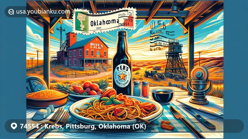 Modern illustration of Krebs, Oklahoma, showcasing Italian heritage and coal mining history, with traditional family dinner setting, Krebs Heritage Museum, and vintage mining equipment.