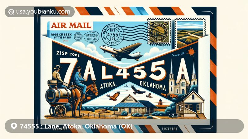 Modern illustration of Lane, Atoka County, Oklahoma, featuring ZIP Code 74555 in an air mail envelope design with stamps, postmarks, and local landmarks like McGee Creek State Park and Confederate Memorial Museum.
