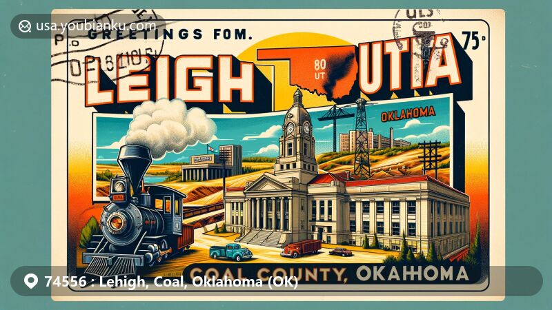 Modern illustration of Lehigh, Coal County, Oklahoma, combining historic and postal heritage with a webpage-friendly twist. Features U.S. Route 75 sign, Coal County Courthouse, map of Oklahoma with Coal County highlighted, and depiction of region's coal mining history, styled as vintage postcard with 'Greetings from Lehigh, Oklahoma' message, vintage stamp, postal mark with ZIP Code 74556, and classic postal truck.