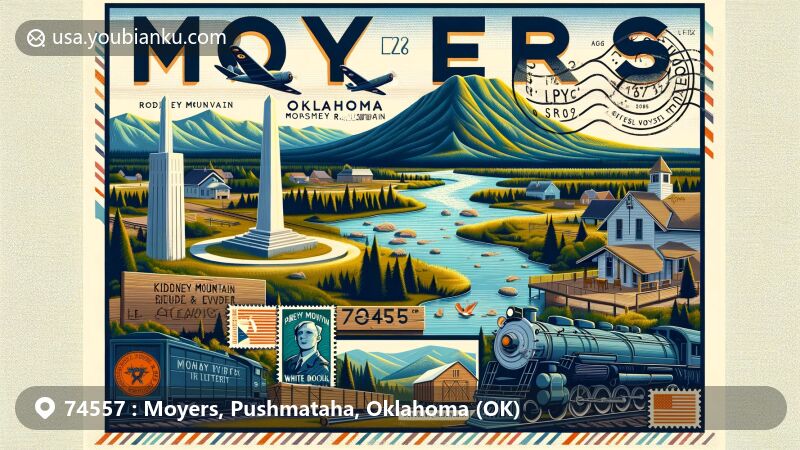Modern illustration of Moyers, Oklahoma, featuring the natural beauty of the Kiamichi River, Rodney Mountain, Parker Mountain, and White Rock Mountain, with a tribute to the AT6 Monument from World War II and postal elements like stamps, a postmark, and ZIP code 74557.