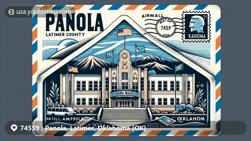 Modern illustration of Panola, Latimer County, Oklahoma, featuring airmail envelope design with iconic high school, gymnasium, Sans Bois Mountains, Winding Stair Mountains, American and Oklahoma state flags, ZIP Code 74559, postage stamps, and postmark.