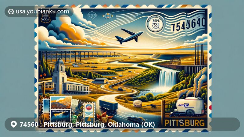 Modern illustration of Pittsburg, Oklahoma, with ZIP code 74560, blending natural and cultural heritage, featuring Turner Falls and a postal theme.