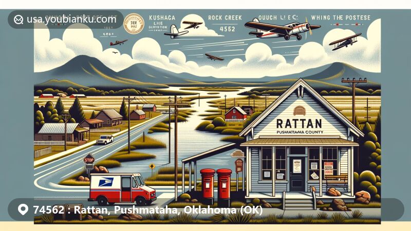 Modern illustration of Rattan, Pushmataha County, Oklahoma, featuring iconic Ouachita Mountains, Rock Creek, and Hugo Lake, blending postal elements like vintage post office, red mailbox, mail delivery truck, and airplane symbolizing airmail, with ZIP code 74562 highlighted.