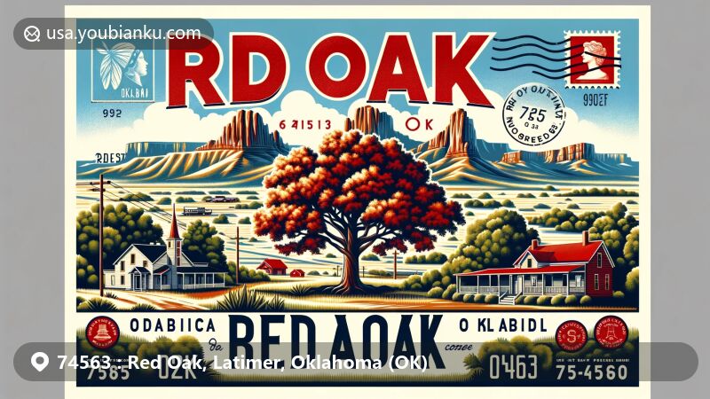 Modern illustration of Red Oak, Oklahoma, capturing the essence of the local area with San Bois Mountains in the background and a majestic red oak tree in the foreground, framed in vintage postcard style.