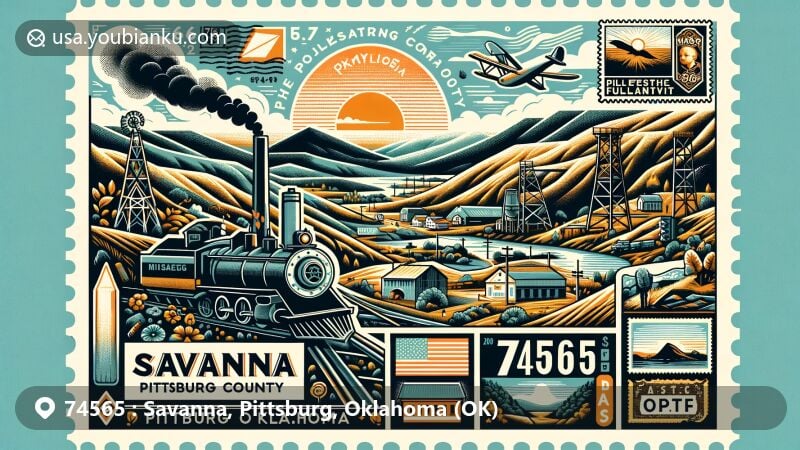 Modern illustration of Savanna, Pittsburg County, Oklahoma, capturing the essence of the Ouachita Mountains' extension, highlighting coal mining history and current community growth, featuring postal theme with ZIP code 74565.