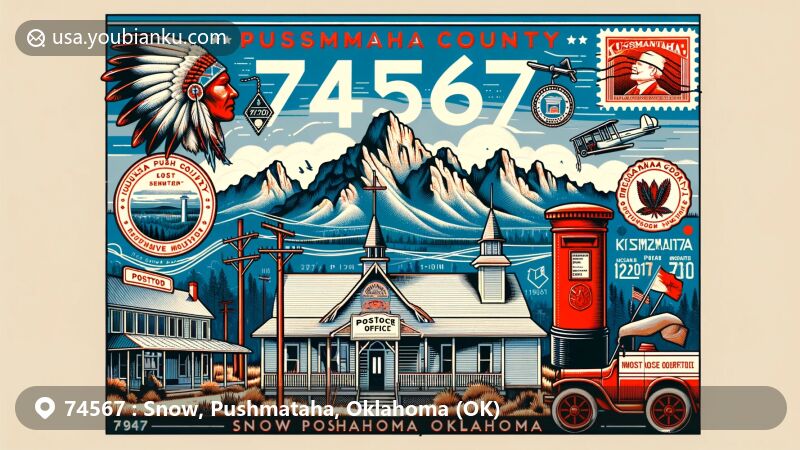 Modern illustration of Snow, Pushmataha County, Oklahoma, featuring postal theme with ZIP code 74567, showcasing Kiamichi Mountains, Pushmataha County Courthouse, and Choctaw Chief Pushmataha.