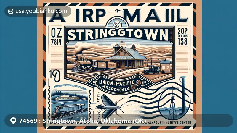 Modern illustration of Stringtown, Oklahoma, showcasing postal theme with ZIP code 74569, featuring Union Pacific Railroad, tornado event, Mack Alford Correctional Center, and historic post office from 1874.