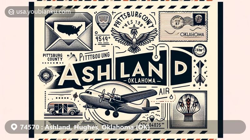 Modern illustration of Ashland, Oklahoma, Pittsburg County, featuring vintage air mail envelope with coordinates 34.76694°N, 96.07056°W, showcasing Oklahoma's state flag and Choctaw Nation's cultural influence.