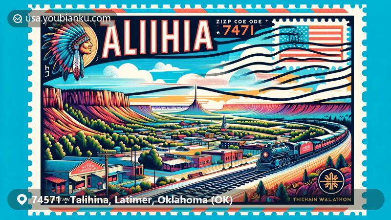 Modern illustration of Talihina, Oklahoma in Latimer County, featuring a postcard-style scene with Kiamichi Valley and Choctaw Nation symbols.