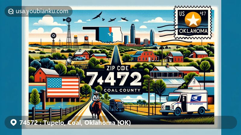 Modern illustration of Tupelo, Coal County, Oklahoma, featuring Oklahoma state symbols and postal elements with ZIP code 74572, capturing rural landscape and local charm.