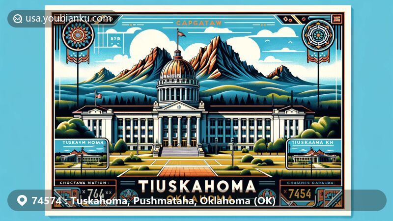 Modern illustration of the Choctaw Capitol Building in Tuskahoma, Oklahoma, surrounded by the scenic Kiamichi Mountains, featuring vibrant colors and historical significance.