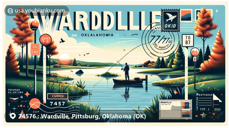 Modern illustration of Wardville, Oklahoma, highlighting outdoor activities like fishing, featuring postcard design with 'Wardville, OK 74576' and 'Oklahoma (OK)', incorporating postal stamp effect and ZIP Code, emphasizing natural beauty and postal theme.