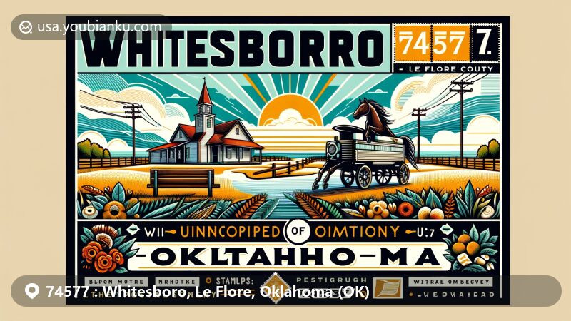 Modern illustration of Whitesboro, Le Flore County, Oklahoma, showcasing postal theme with ZIP code 74577, incorporating elements of the Choctaw Nation and vintage postcard aesthetics.