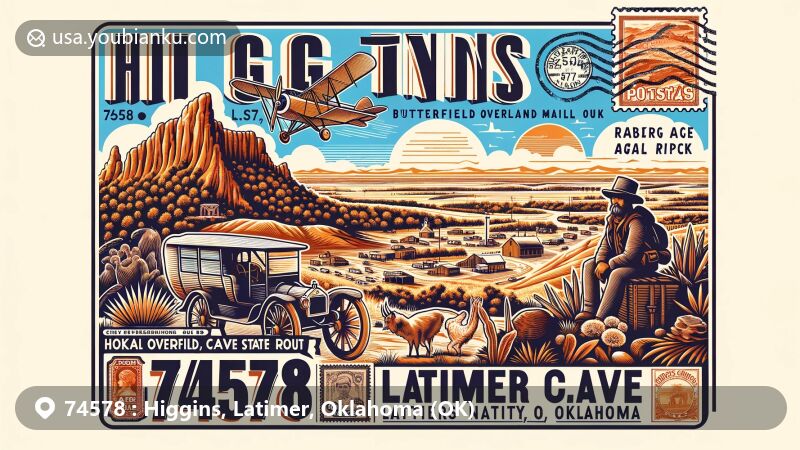 Modern illustration of Higgins, Latimer County, Oklahoma, showcasing postal theme with ZIP code 74578, featuring Choctaw Nation history, Butterfield Overland Mail route, Robbers Cave State Park, and local flora and fauna.