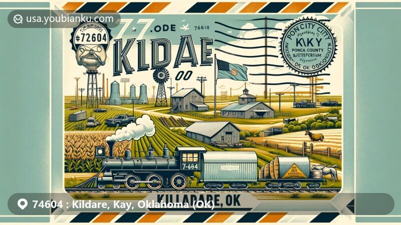Modern illustration of Kildare, Kay County, Oklahoma, featuring historical roots, railroad, agriculture, oil boom, and Ponca City's petroleum industry in ZIP code 74604. Encased in vintage air mail envelope with postal symbols.
