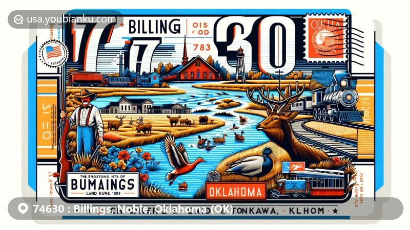 Modern illustration of Billings, Noble County, Oklahoma, showcasing postal theme with ZIP code 74630, highlighting Cherokee Outlet land run of 1893, Enid and Tonkawa Railway, local wildlife, and Oklahoma state symbols.