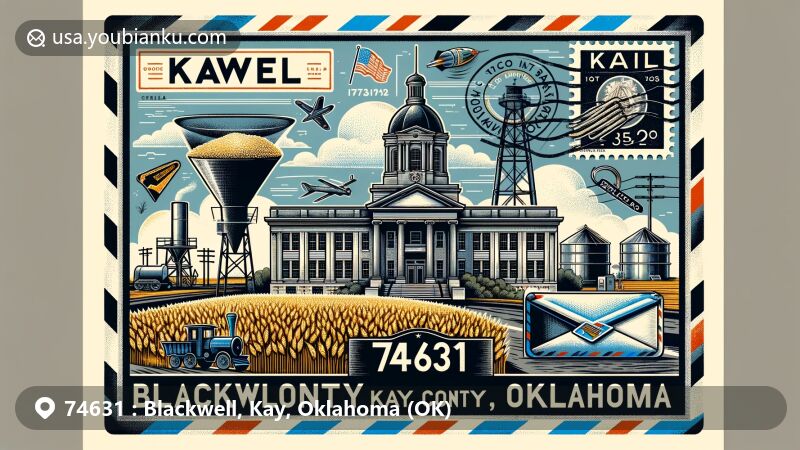 Modern illustration of Blackwell, Kay County, Oklahoma, reflecting postal theme with ZIP code 74631, featuring Kay County Courthouse, wheat fields, 1955 F5 tornado, zinc smelting industry, and Oklahoma state flag.