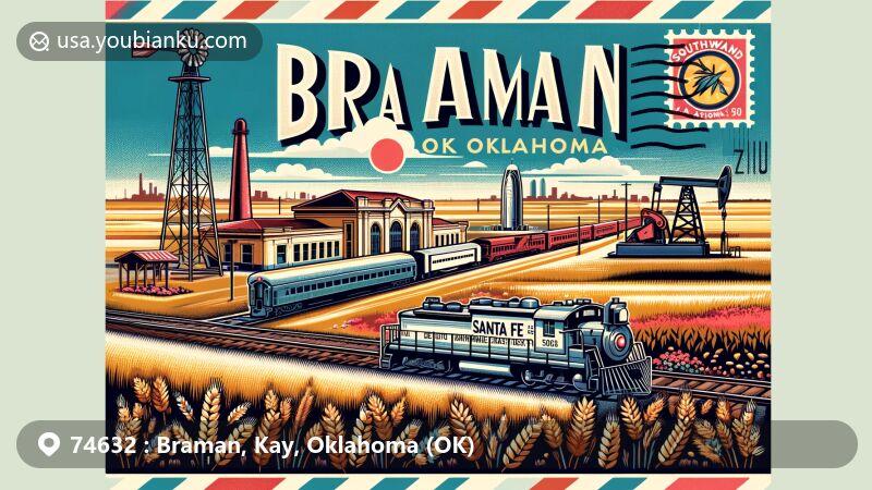 Modern illustration of Braman, Oklahoma, capturing the essence of the town with Santa Fe Depot, wheat fields, oil derricks, and SouthWind Kaw Nation Casino, set against scenic Oklahoma fields.