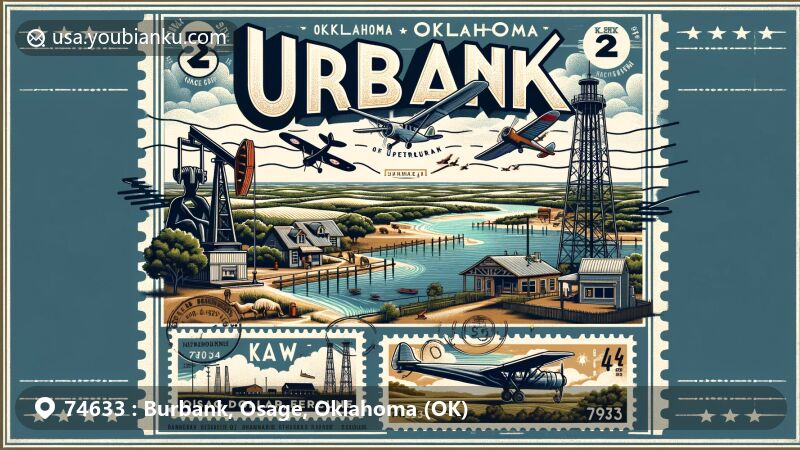 Modern illustration of Burbank, Oklahoma, showcasing landmarks and cultural heritage with an aerial view of Osage Cove at Kaw Lake, vintage oil derricks, the Million Dollar Elm tree, farmland, and ranching. ZIP code 74633 styled like old oil company logos, aviation-themed border with postage stamps featuring the Osage Eagle and whitetail deer.