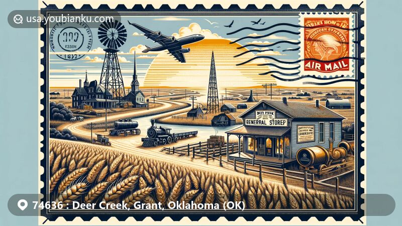 Innovative illustration of Deer Creek in Grant County, Oklahoma, representing ZIP code 74636 with a blend of modern and regional elements surrounding Deer Creek General Merchandise Store, wheat fields, oil derricks, Salt Fork of Arkansas River, Grant County Courthouse, locomotive, and Cherokee Outlet.