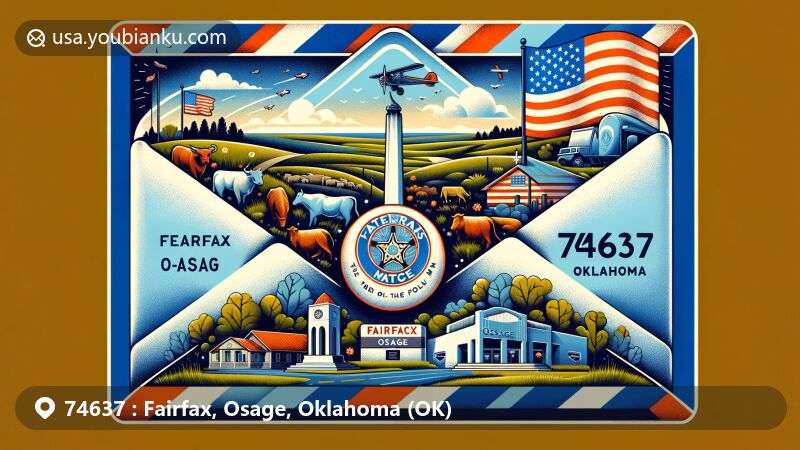 Contemporary interpretation of Fairfax, Osage, Oklahoma, with ZIP code 74637, centered around a symbolic airmail envelope representing postal communication. Features include Veterans' Memorial, cattle, open prairie, Osage Nation symbols, and 'Killers of the Flower Moon' references.