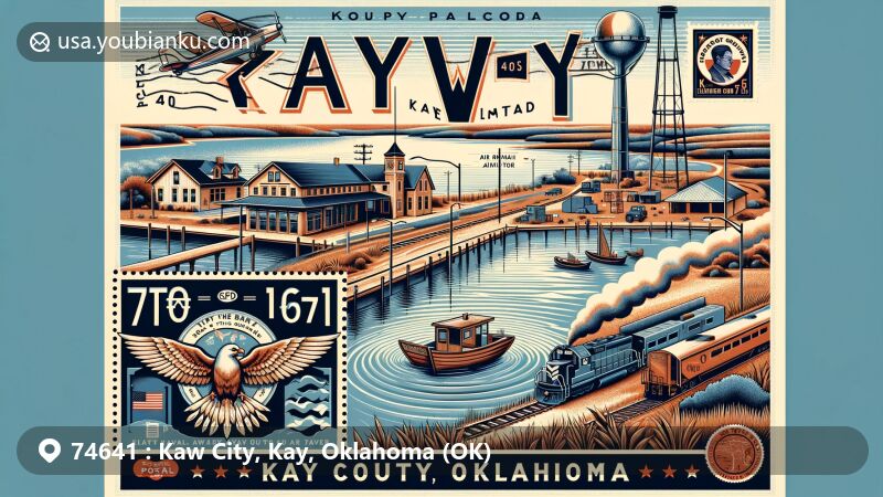Modern illustration of Kaw City, Kay County, Oklahoma, capturing the essence of ZIP code 74641 with visuals of Kaw Lake, Kaw Nation heritage, and agricultural and oil industry history.