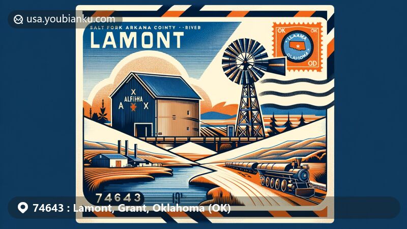 Modern illustration of Lamont, Grant County, Oklahoma, showcasing postal theme with ZIP code 74643, featuring Salt Fork Arkansas River, alfalfa mill, Oklahoma state flag, and Grant County stamp.