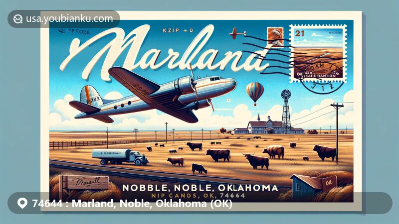 Modern illustration of Marland, Noble County, Oklahoma, featuring the grasslands, Miller Brothers 101 Ranch, Santa Fe Railway, Three Sands Field, and postal elements with ZIP code 74644.