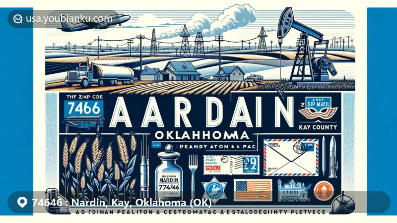 Modern illustration of Nardin, Oklahoma, showcasing postal theme with ZIP code 74646, featuring wheat fields, oil rigs, and Native American heritage.