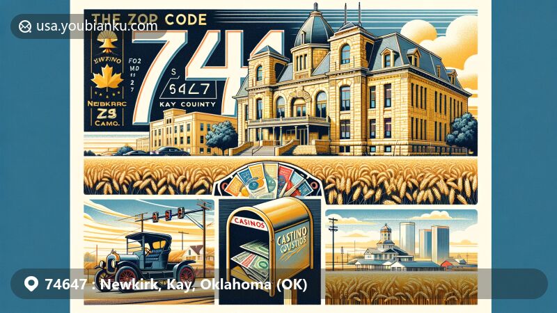 Modern illustration of Newkirk, Kay County, Oklahoma, highlighting the iconic Kay County Courthouse amidst wheat fields, postal elements with ZIP Code 74647, and subtle casino imagery.