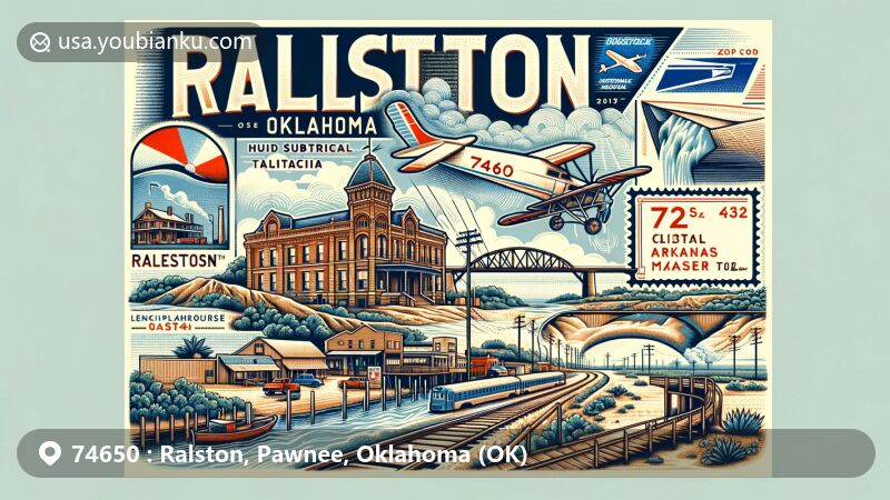 Modern illustration of Ralston, Oklahoma, emphasizing the town's humid subtropical climate, Arkansas River, Ralston Opera House, and the importance of railroads and bridges, showcasing postal elements like an airmail envelope, Ralston Opera House stamp, and ZIP code 74650.
