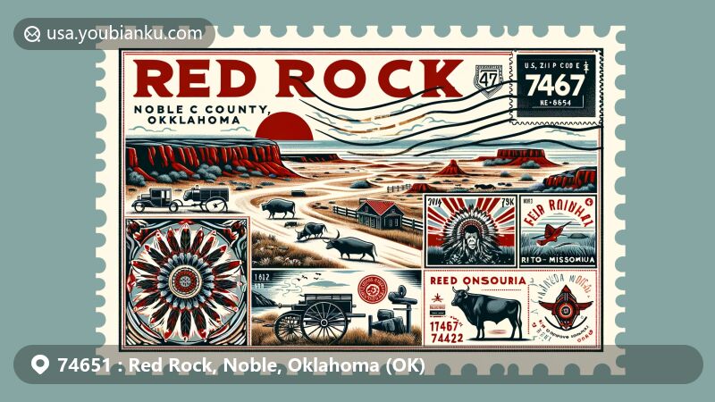 Modern illustration of Red Rock, Noble County, Oklahoma, highlighting postal theme with ZIP code 74651, featuring Native American culture, Red Rock Canyon Adventure Park, Otoe-Missouria tribal insignia, and local landmarks.
