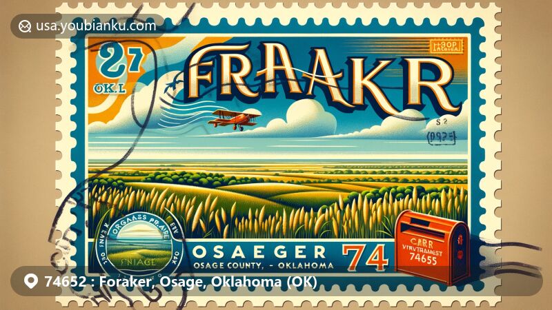 Vibrant illustration of Tallgrass Prairie Preserve in Foraker, Osage, Oklahoma, showcasing a vintage postage stamp design with ZIP code 74652 and airmail envelope, enriched with postal symbols and natural prairie colors.