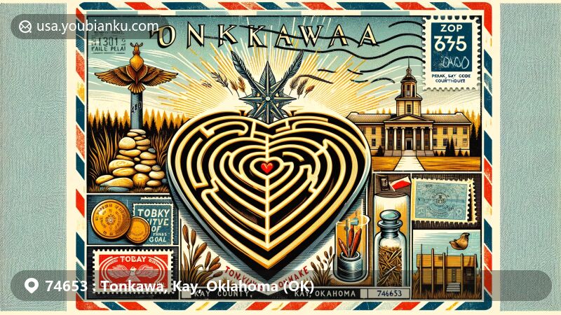 Modern illustrative depiction of Tonkawa, Kay County, Oklahoma, with a postal theme and ZIP code 74653, featuring 'Heart in the Park Labyrinth' and Kay County Courthouse.