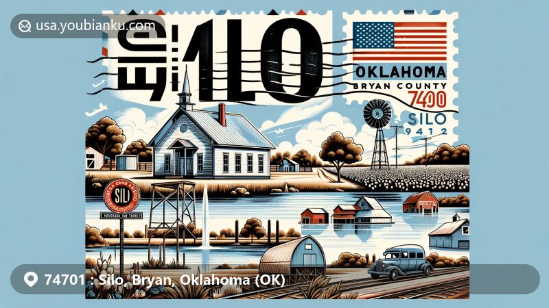 Modern illustration of Silo, Bryan County, Oklahoma, featuring postal theme with ZIP code 74701. Depicts rural and historical essence with an old schoolhouse, rustic landscape, small lake, and cotton fields. Highlights historic stage route, Nail's Crossing, Oklahoma state flag, Bryan County outline. Incorporates airmail envelope with vintage stamp, postmark from Silo, postal truck. Creative blend of town's historical, geographical, and postal elements.