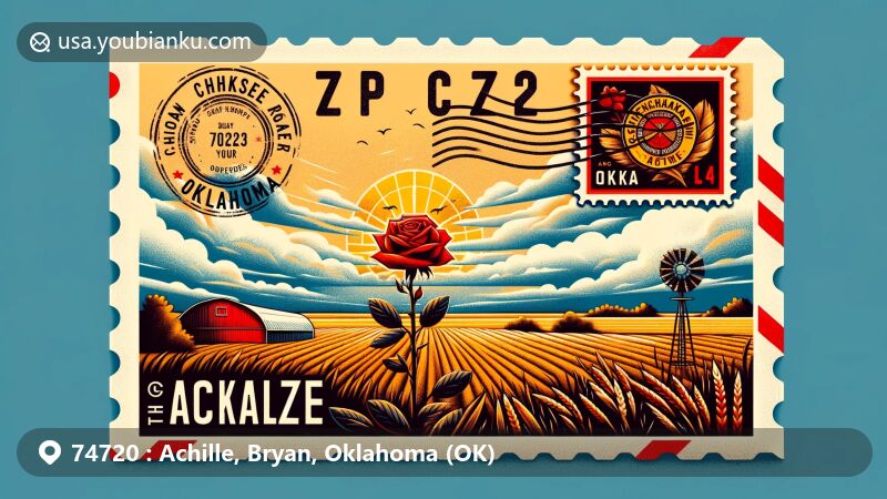 Modern illustration of Achille, Oklahoma, featuring vintage-style airmail envelope with Cherokee rose, agricultural landscape, and Chickasaw Nation representation, set against Oklahoma's Great Plains.