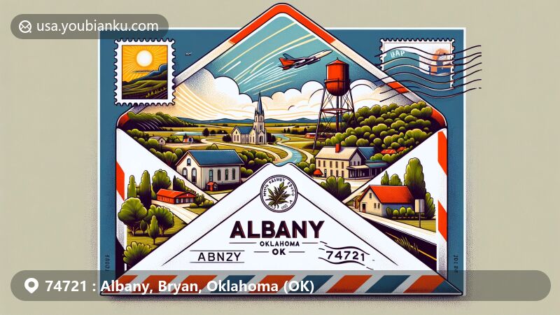 Modern illustration of Albany, Oklahoma, presenting small-town charm with houses, trees, and a road, subtly incorporating Oklahoma's natural landscapes and hinting at its proximity to the Arbuckle Mountains.