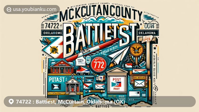 Modern illustration of Battiest, Oklahoma, showcasing postal theme with ZIP code 74722, featuring elements from the Oklahoma state flag and McCurtain County map, with post office as central figure.
