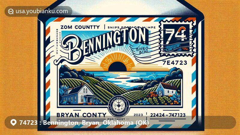 Modern illustration of Bennington, Oklahoma, showcasing airmail envelope theme with ZIP code 74723, featuring Bryan County outline, Rock House Vineyard, and Choctaw Nation symbol.