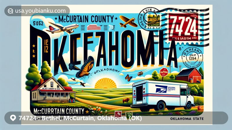 Modern illustration of Bethel, McCurtain County, Oklahoma, featuring postal theme with ZIP code 74724, showcasing local landmarks like Blake's Grocery & Feed and Bethel Missionary Baptist Church, and integrating symbols of Oklahoma.