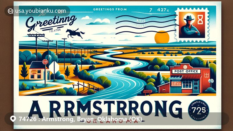 Modern illustration of Armstrong, Oklahoma, showcasing Blue River and rural landscape, featuring post office and Missouri-Kansas-Texas Railroad, with Oklahoma state symbol postal stamp.