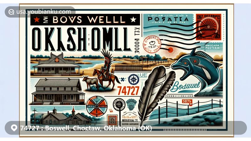 Modern illustration of Boswell, Oklahoma, capturing the charm of ZIP Code 74727, featuring Mayhew historical site, Boswell State Park, Choctaw cultural symbols, and iconic Oklahoma symbols.