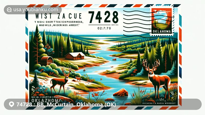 Modern illustration of Broken Bow, McCurtain County, Oklahoma, showcasing ZIP code 74728 and the McCurtain County Wilderness Area with Shortleaf pine forests, Broken Bow Reservoir, and Ouachita National Forest.