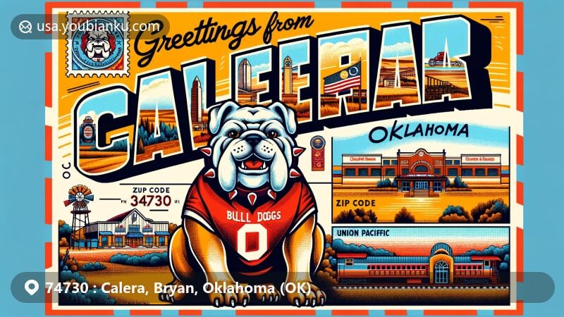 Vibrant postcard from Calera, Oklahoma, showcasing Calera Bulldogs mascot, Choctaw Casinos & Resorts, Union Pacific Railroad, and Oklahoma state flag elements.